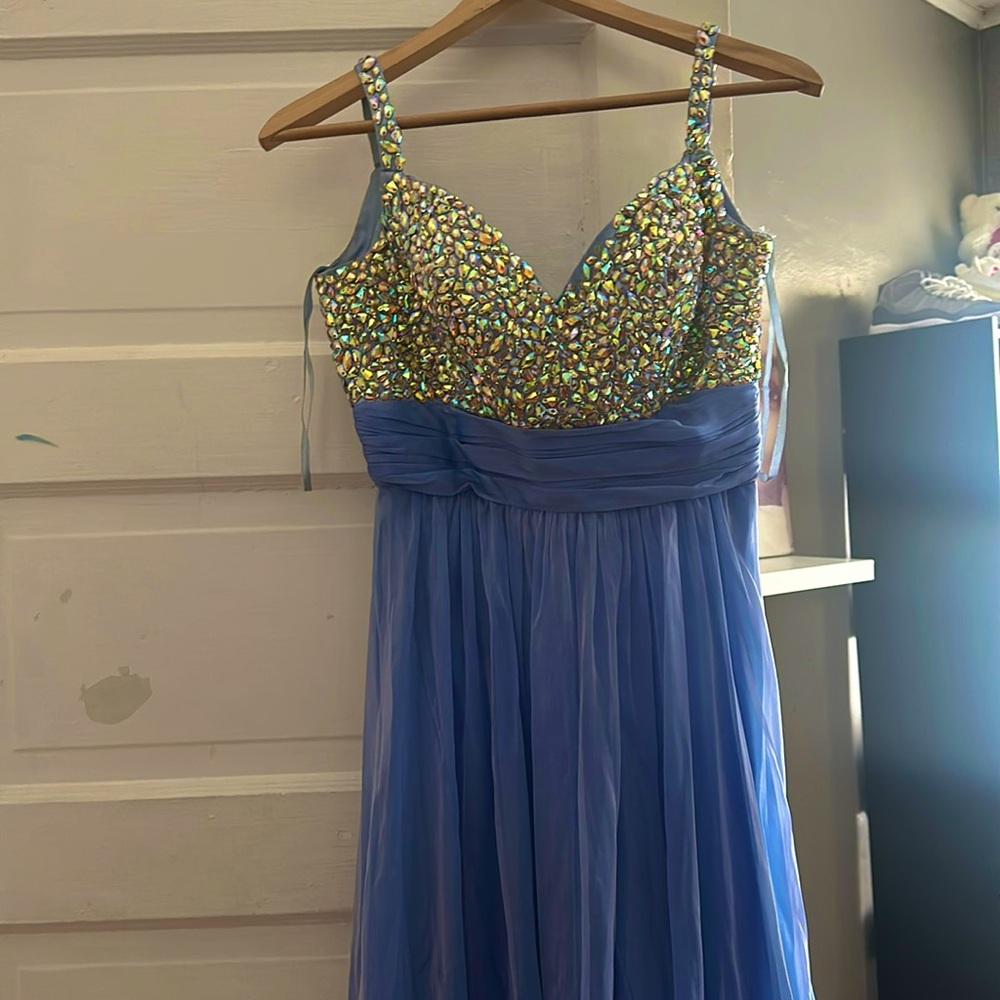 Medium size, Periwinkle Dress with diamonds gems and a flowy dress